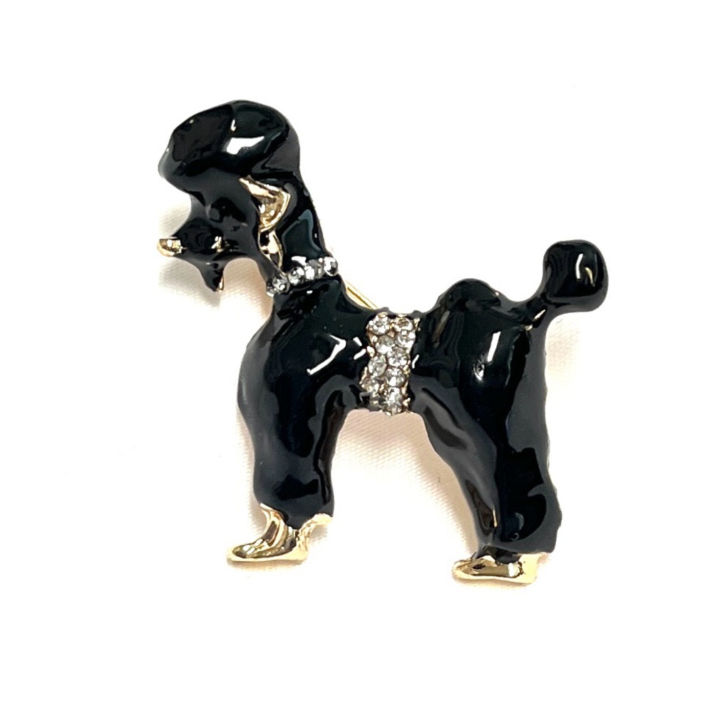 Poodle Brooch, NIP, black enamel paint on golden base, rhinestones